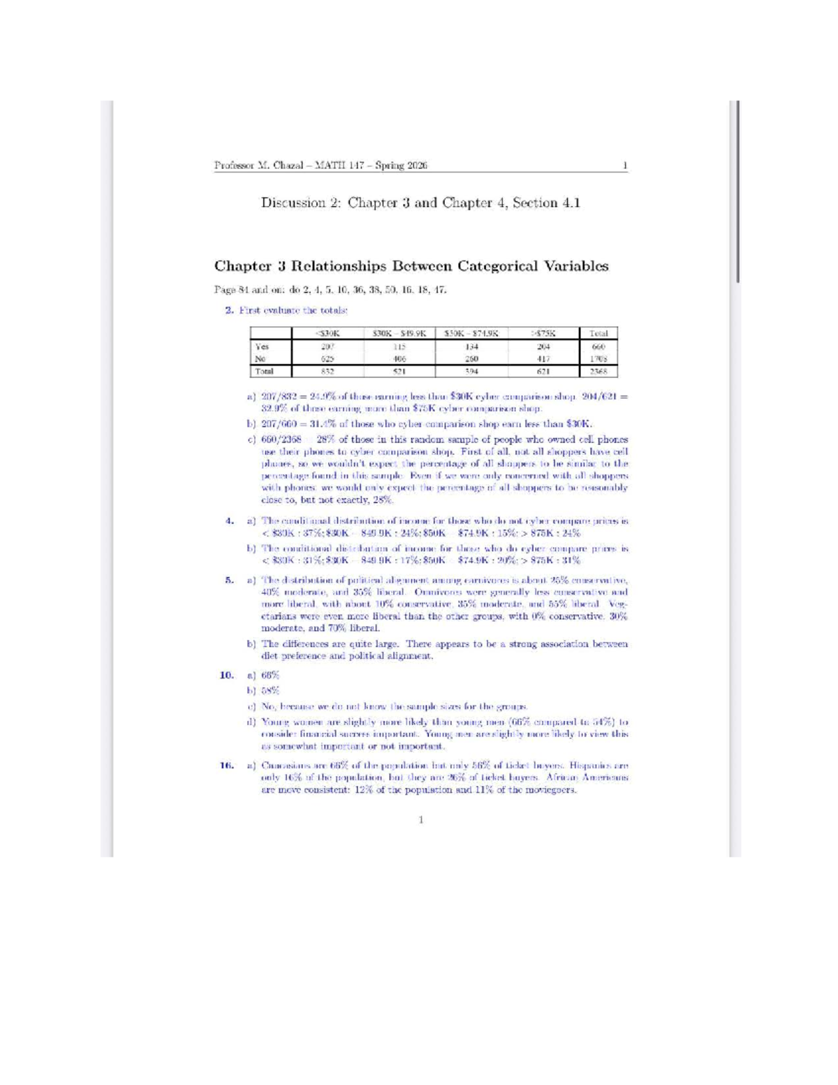 MATH 147 Spring 2026 Discussion 2: Chapter 3 & 4 Practice Questions ...