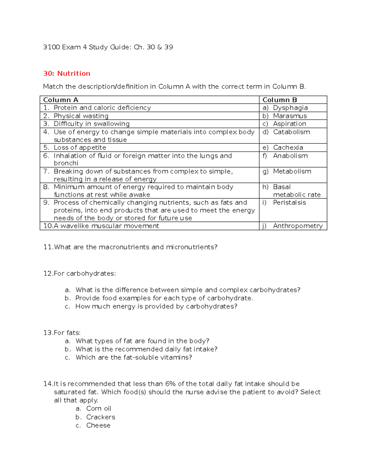 3100 Exam 4 Study Guide: Nutrition Concepts and Key Terms - Studocu