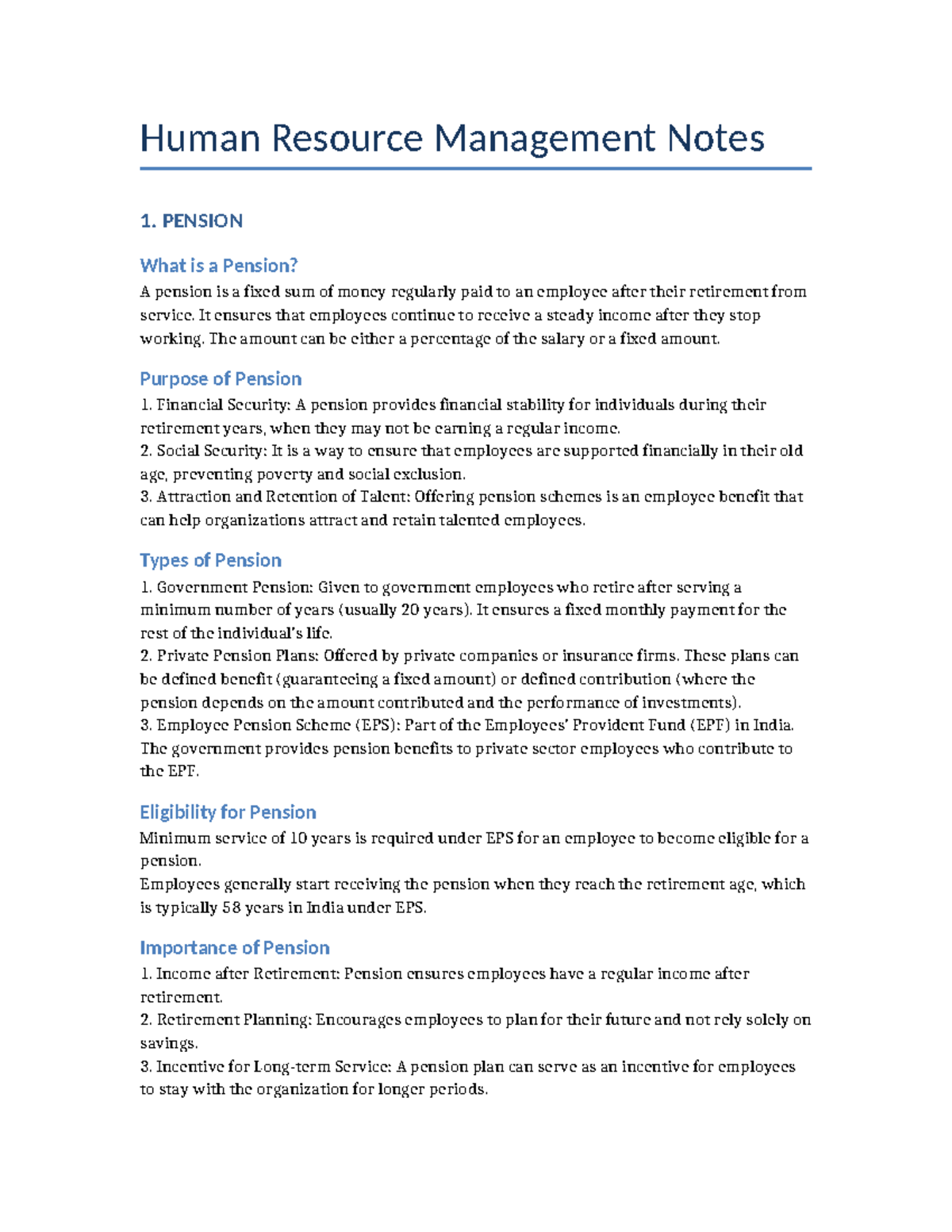 HRM Notes: Pension, ESI, Gratuity & PF Overview - Studocu