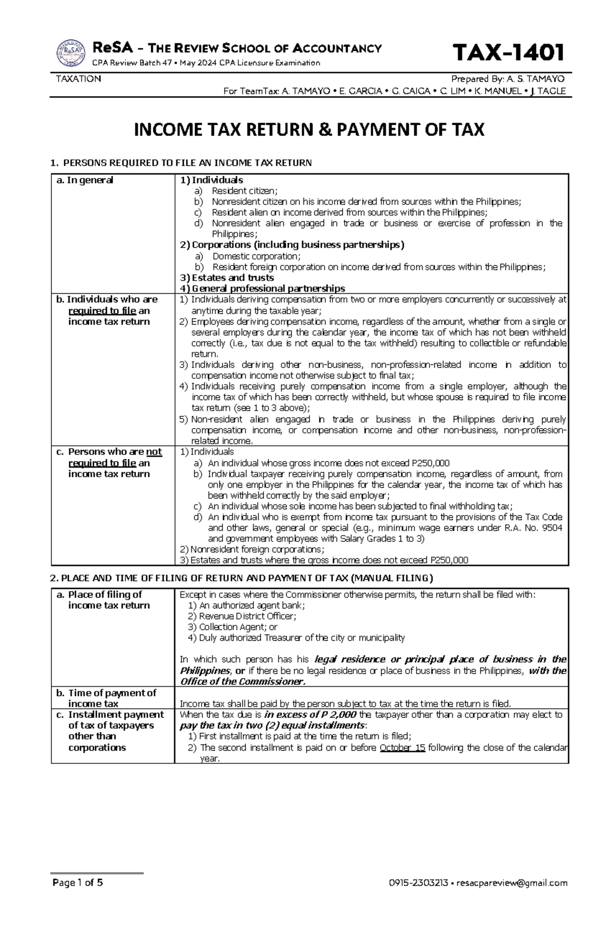 TAX-1402 Compliance Requirements for CPA Review Batch 47 May 2024 - Studocu