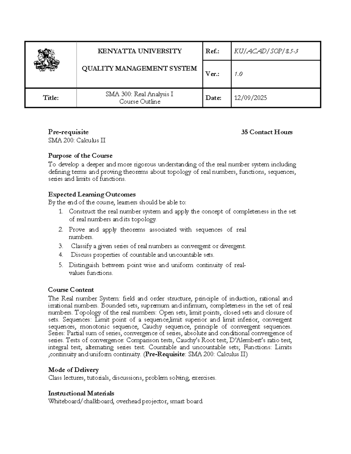 SMA 300: Real Analysis I Course Outline & Learning Outcomes - Studocu