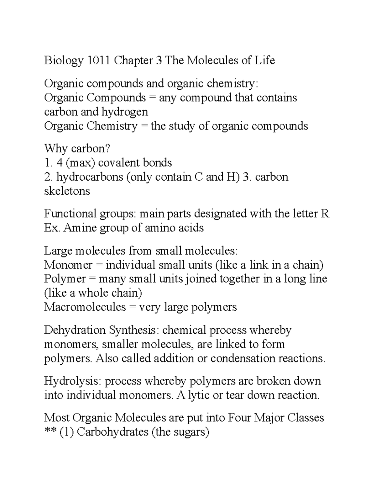 Biology 1011 Chapter 3: Understanding the Molecules of Life - Studocu