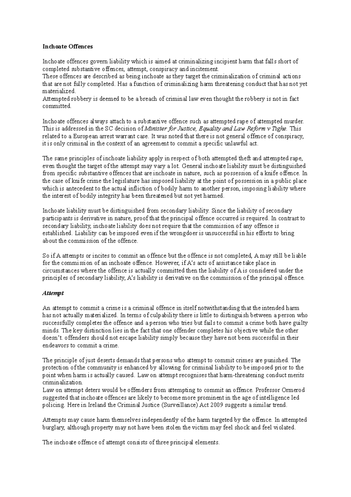 Inchoate Offences - Lecture Notes on Attempts & Liability (Lec 9-11 ...
