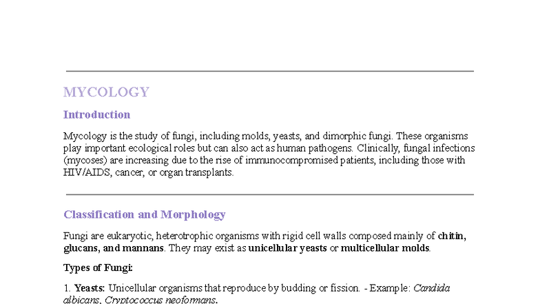 MYCV 101: Mycology Overview and Pathogenic Fungi Insights - Studocu