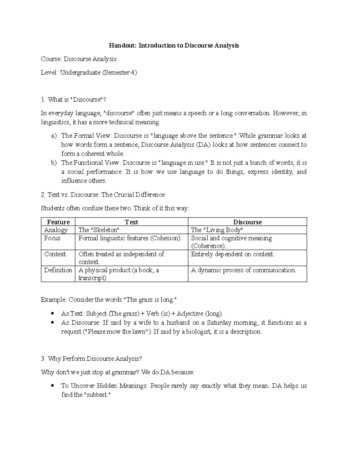 Discourse Analysis Handout: Intro to DA (Undergrad, Sem 4) - Studocu