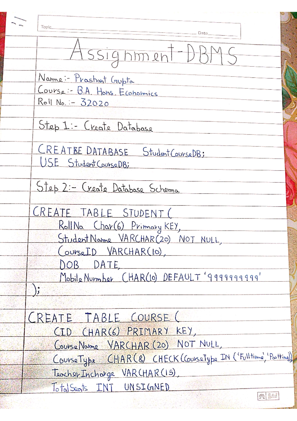 DBMS Assignment 1 for Prashant Gupta (Roll No. 32020) - Studocu