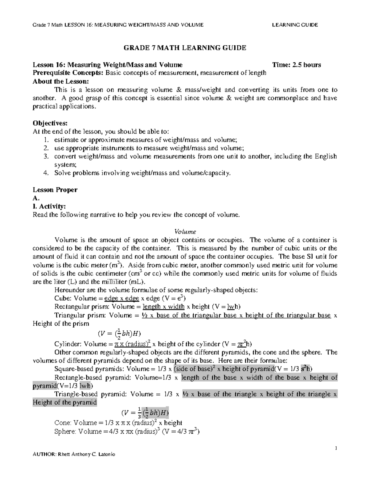 Measuring Weight & Volume: Final Guide for Grade 7 Math (LG) - Studocu