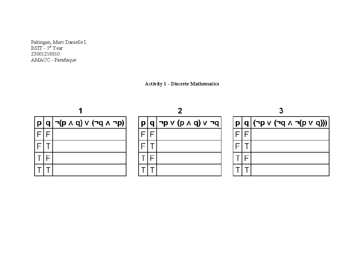 Discrete Math - Activity 1 - Information technology - Pakingan, Marc ...