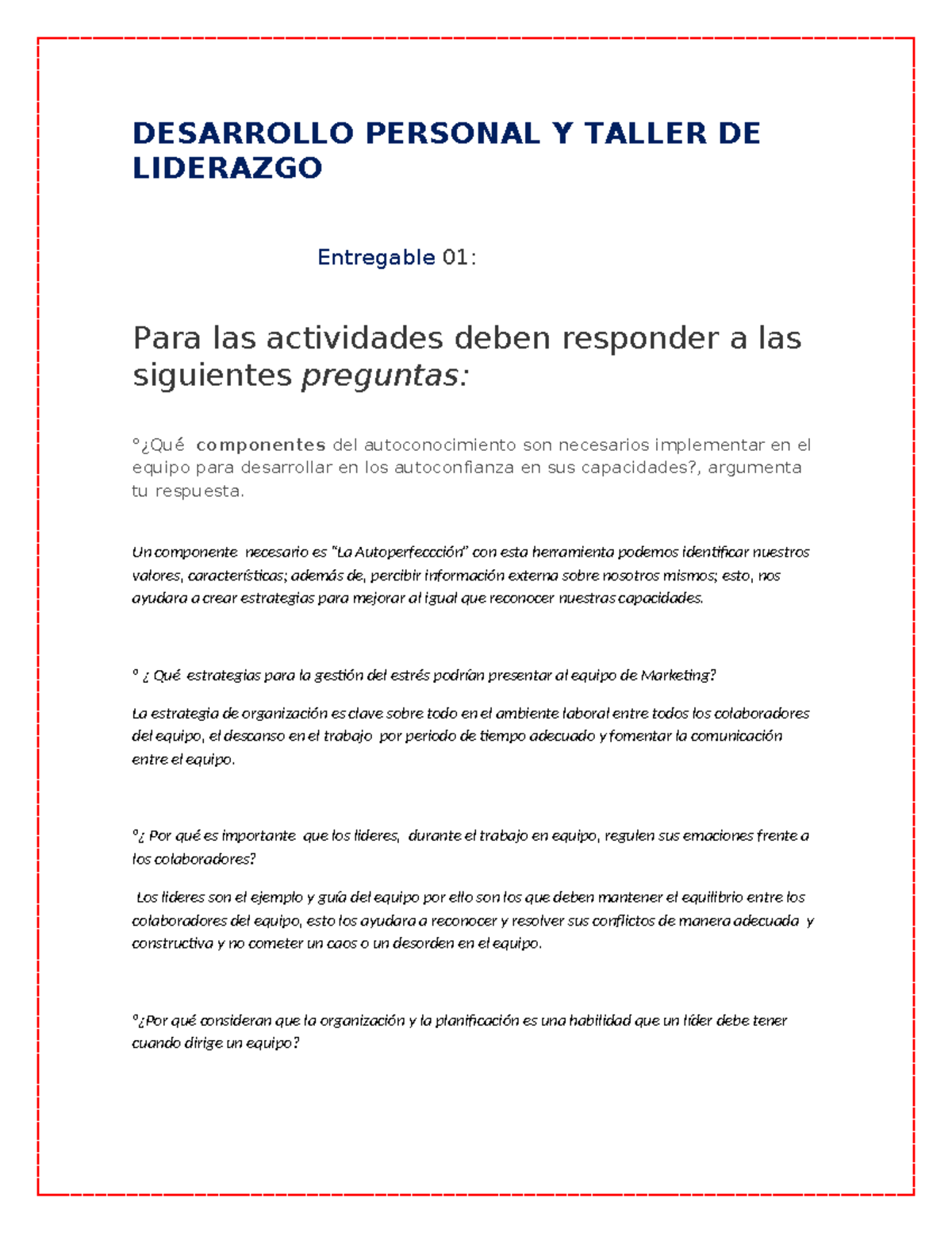Desarrollo Personal Y Taller DE Liderazgo - DESARROLLO PERSONAL Y ...