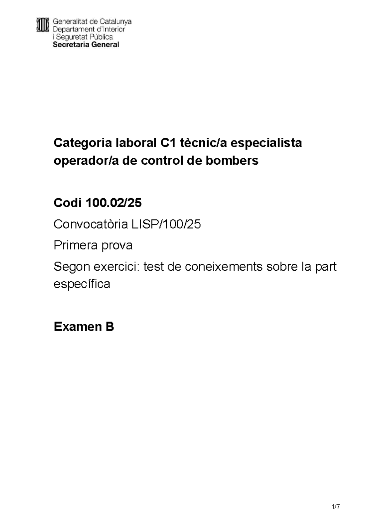 Segon Exercici TEOC 2025: Test de Coneixements C1 Bombers - Studocu