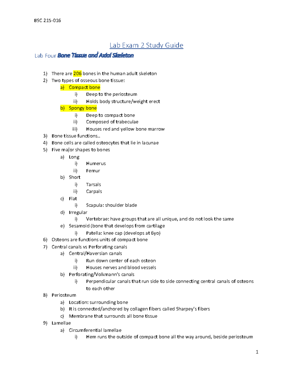 BSC 215-016 Lab Exam 2 Study Guide: Bone Tissue & Axial Skeleton - Studocu