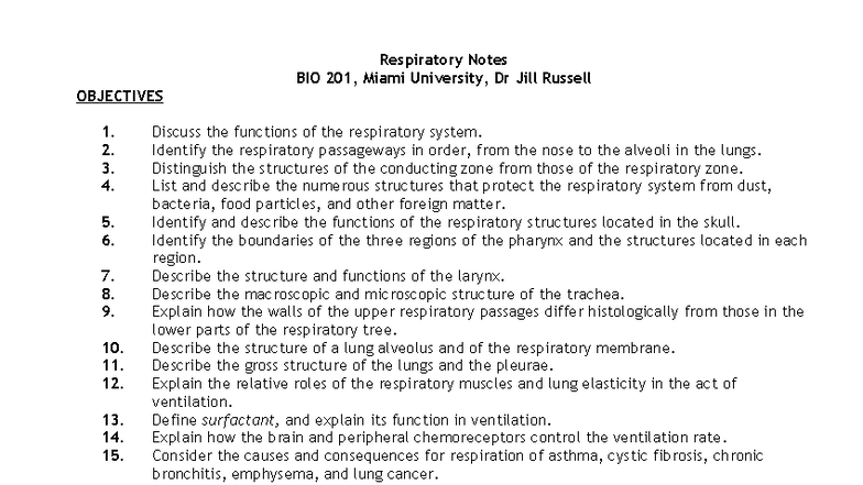 Respiratory System Overview and Key Concepts - BIO 201 - Studocu