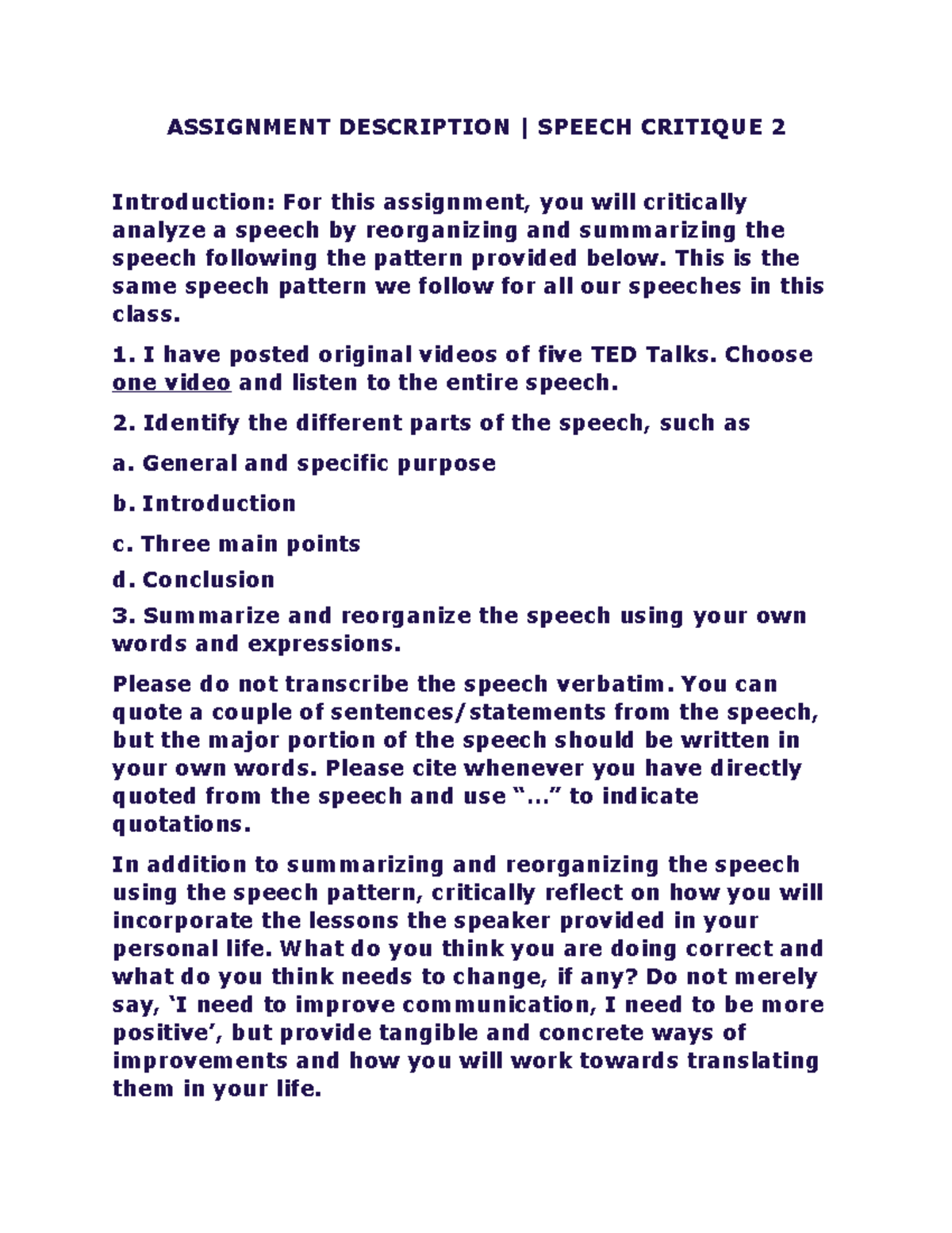 Assignment Description Speech Critique 2 - ASSIGNMENT