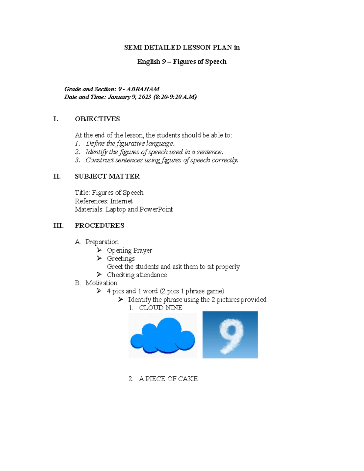 Figures of Speech - SEMI Detailed Lesson Plan for English 9 - Studocu