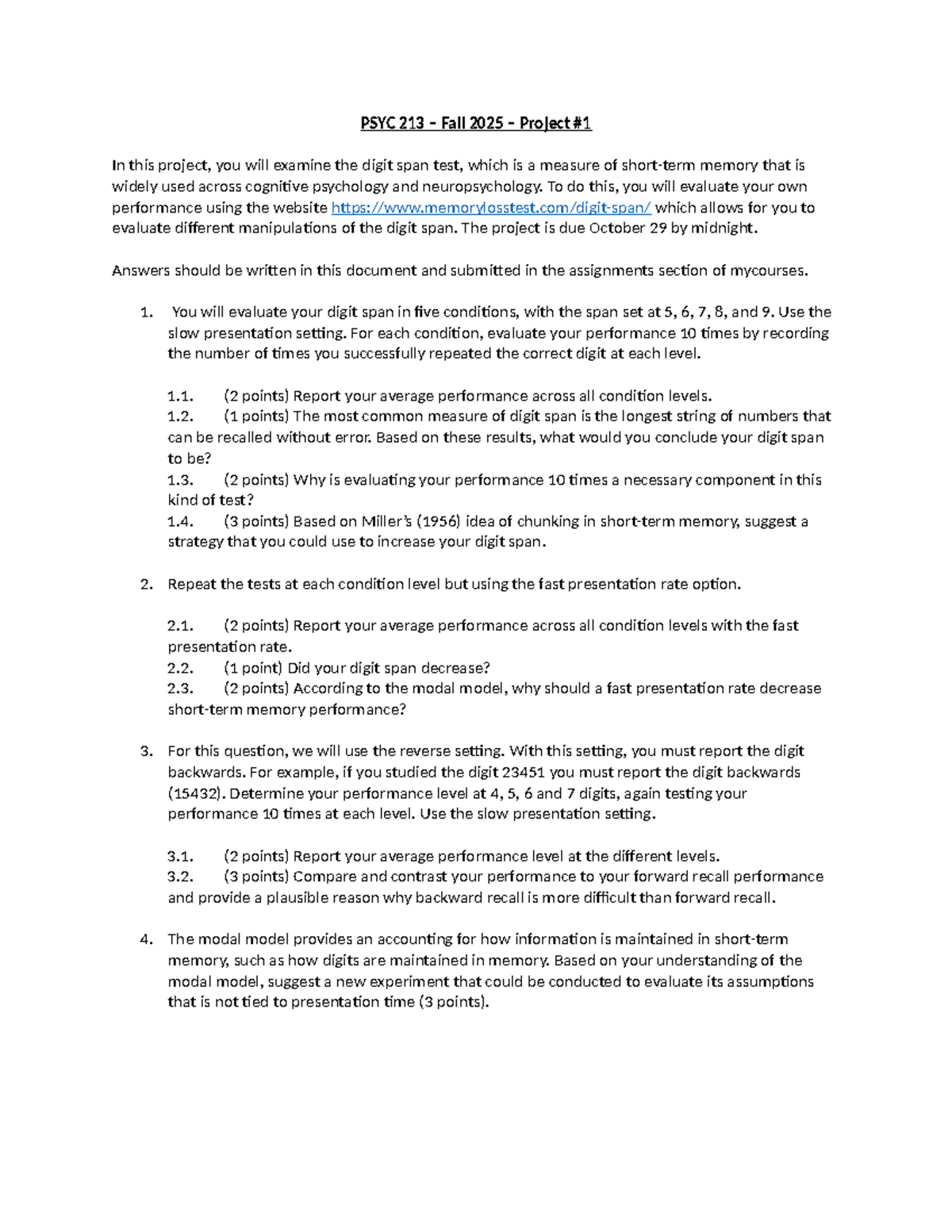 PSYC 213 Fall 2025 Digit Span Test Project Analysis - Studocu