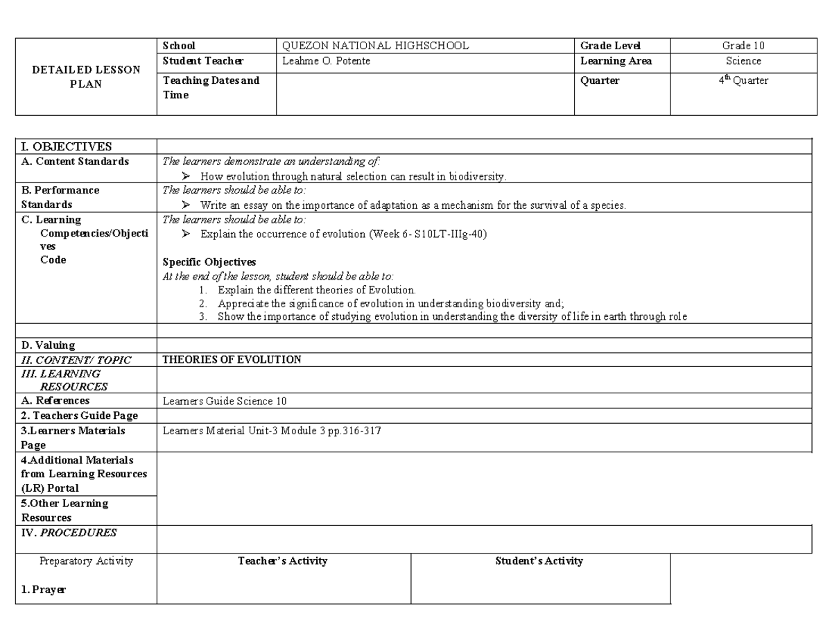 Grade 10 Science: Theories of Evolution Detailed Lesson Plan - Studocu
