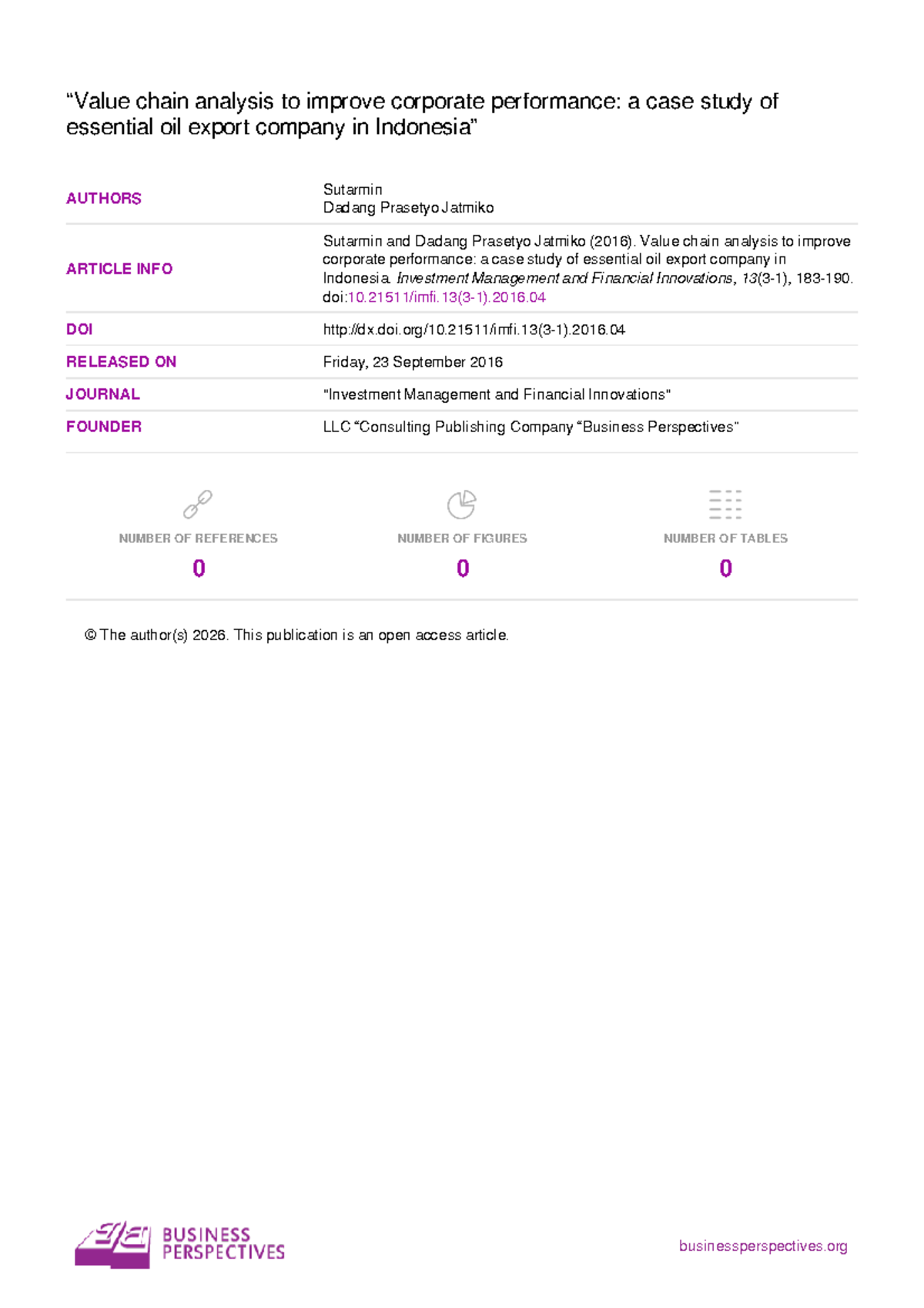 Value Chain Analysis for Corporate Performance: A Case Study (IMFI 2016 ...