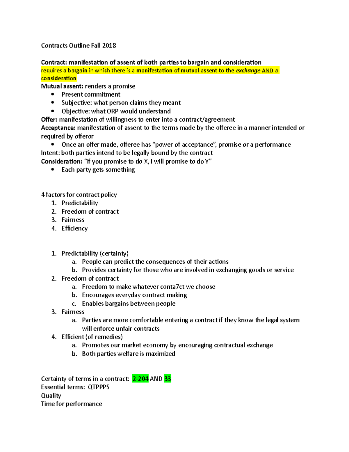 Contracts Outline - Key Concepts & Principles (Law 101) - Studocu