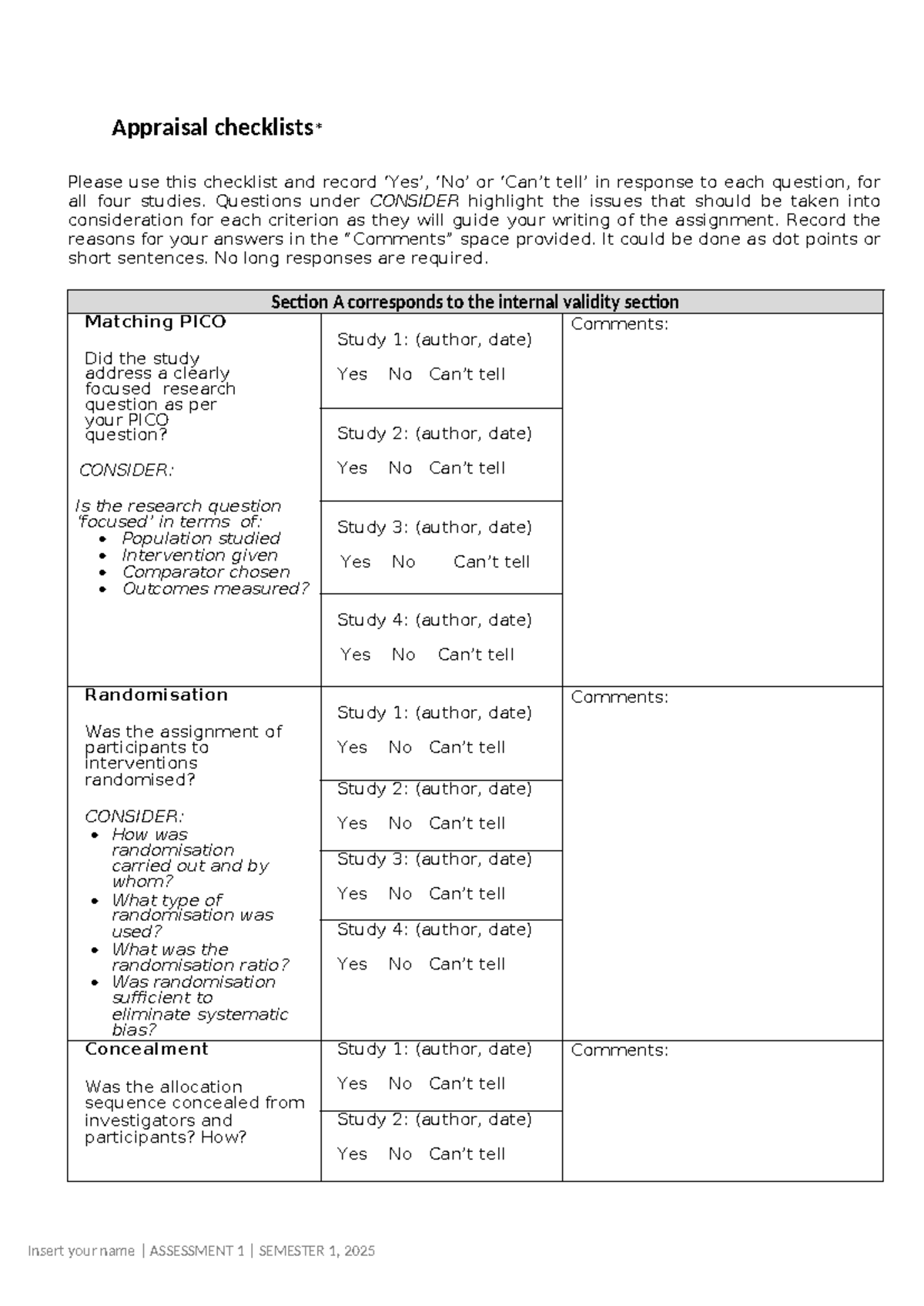 CSH600 Assessment 1: Critical Appraisal Checklist for Studies - Studocu