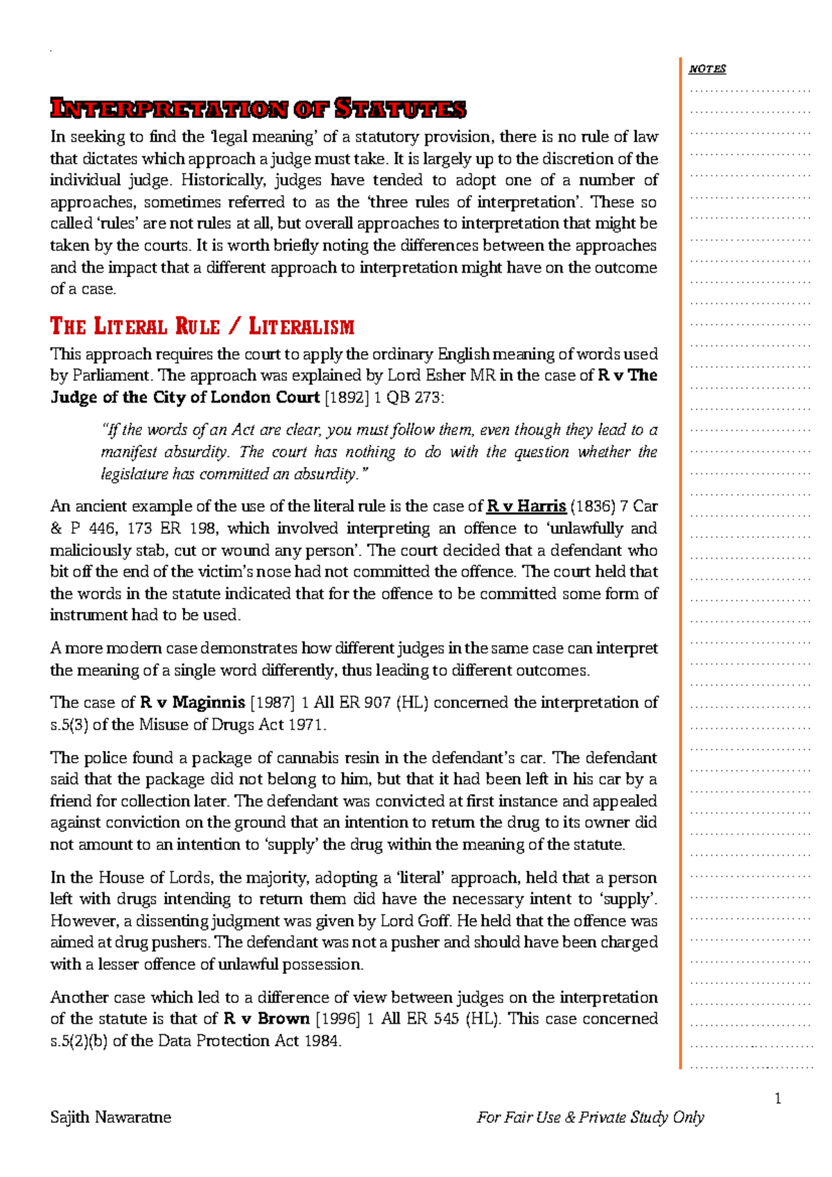 D NOTES: Approaches to Statutory Interpretation in Law - Studocu