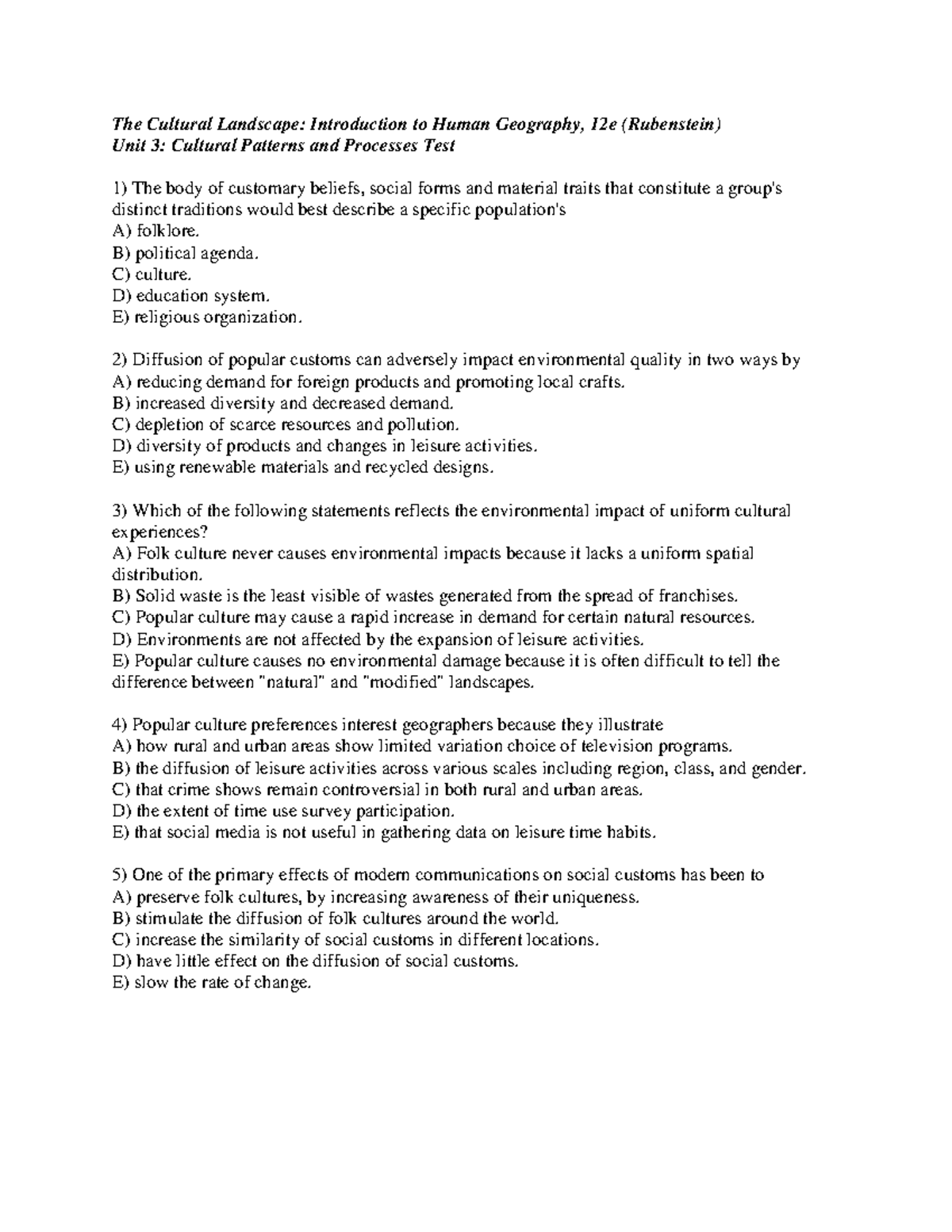 Unit 3 Test w No Answers Cultural Patterns and Processes 1 - The ...