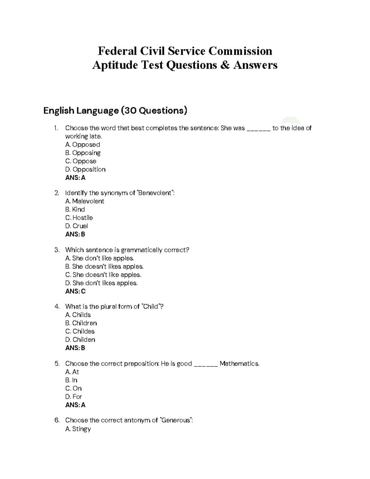 Federal Civil Service Commission Past Questions & Answers (30 Qs) - Studocu