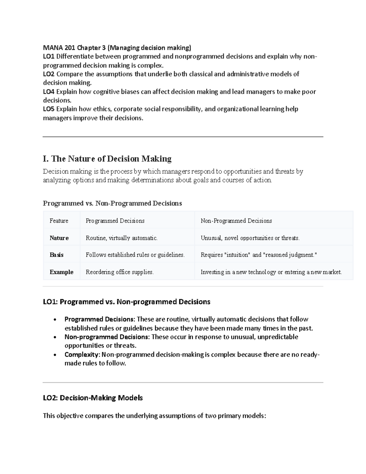 MANA 201 Chapter 3 Summary: Decision Making Models & Biases - Studocu
