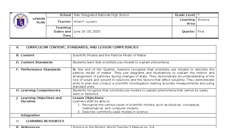 Grade 7 Science Lesson Plan II: Understanding Scientific Models - Studocu
