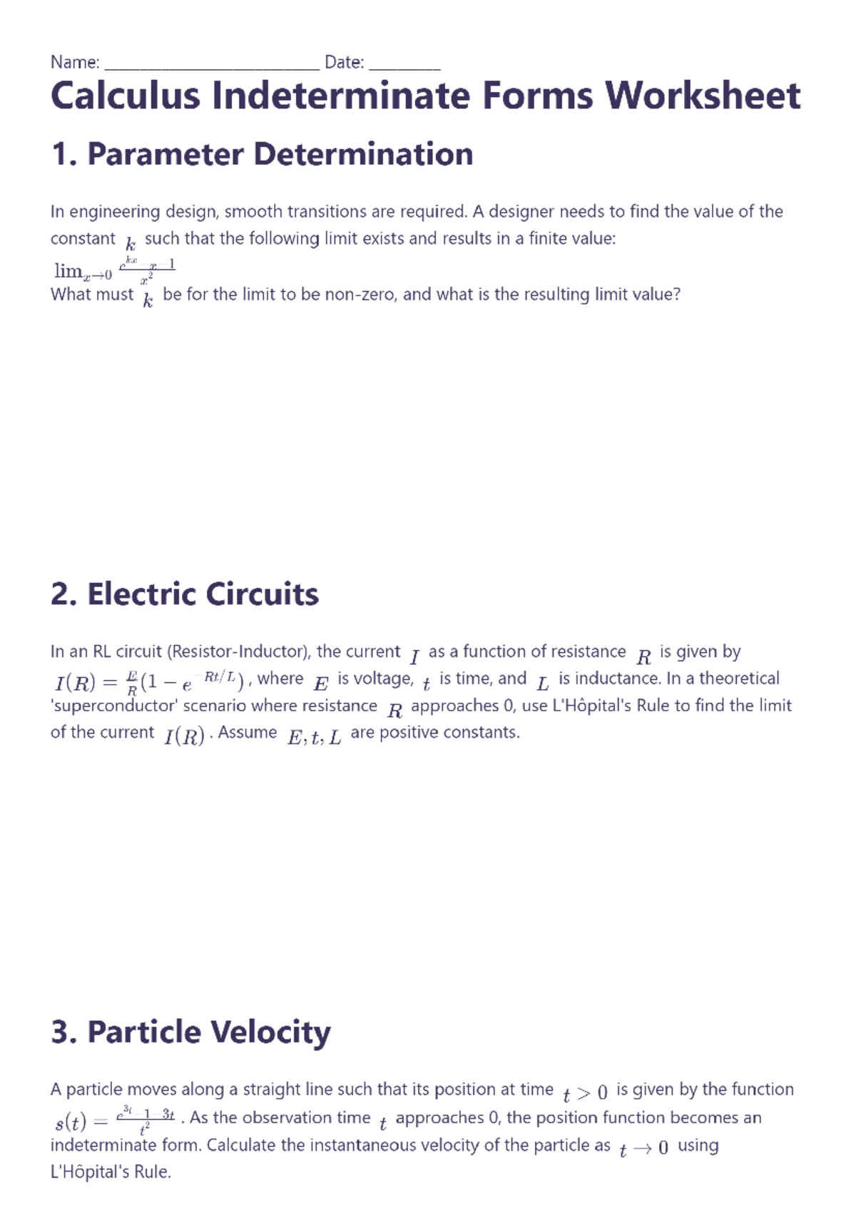 Calculus Indeterminate Forms Worksheet 1: Limits and Evaluations - Studocu