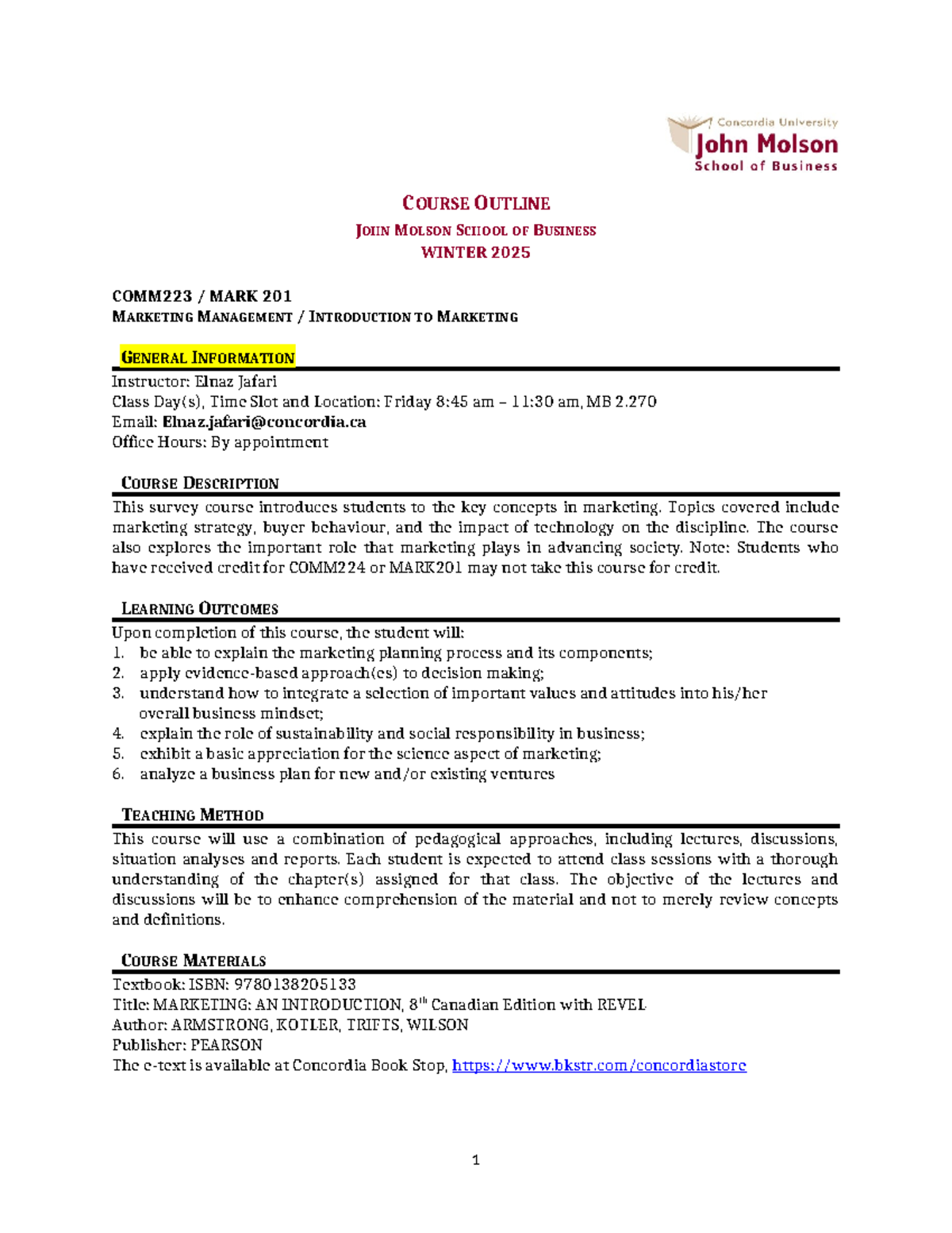 Course Outline COMM223 / MARK 201 - Marketing Management Winter 2025 ...