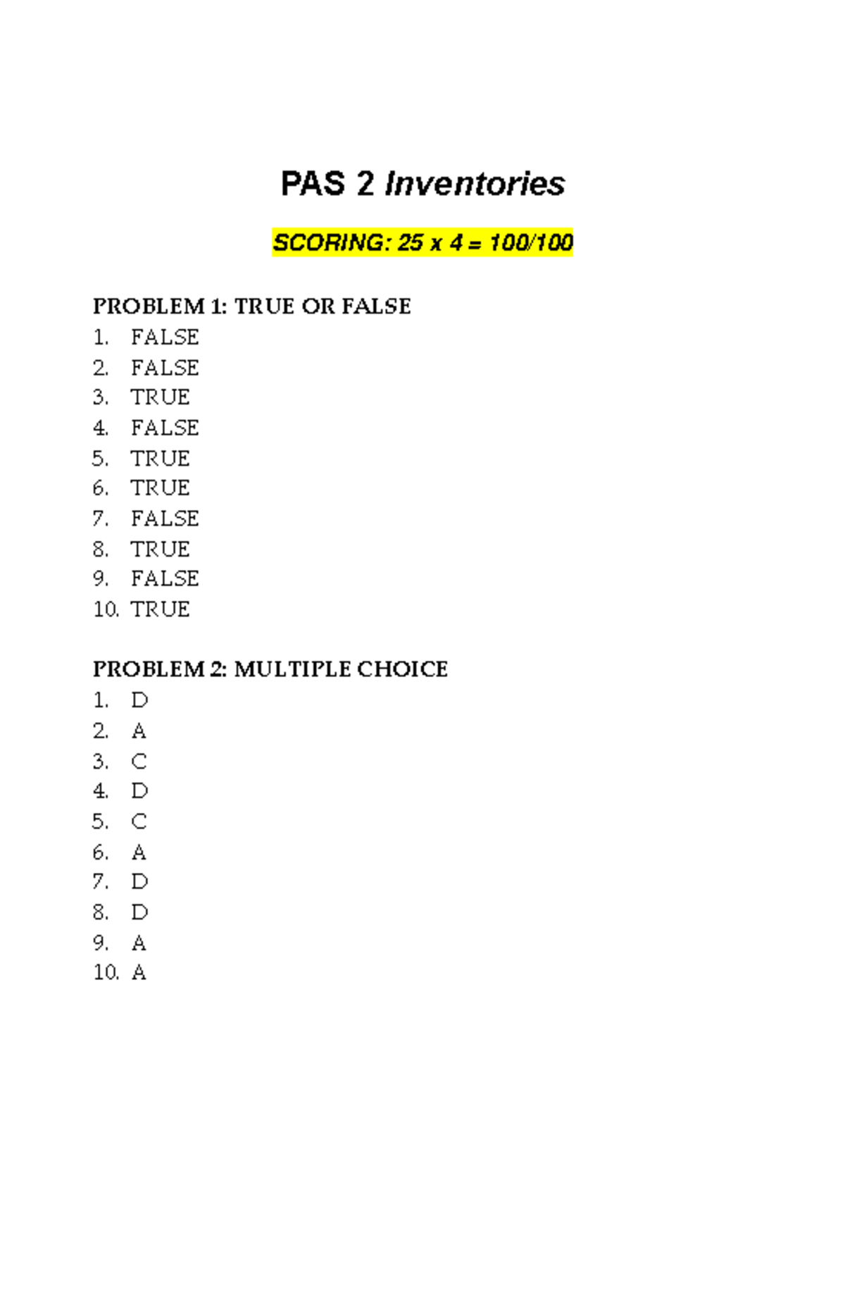 PAS 2 Inventories Answer Key: True/False & MCQs Analysis - Studocu