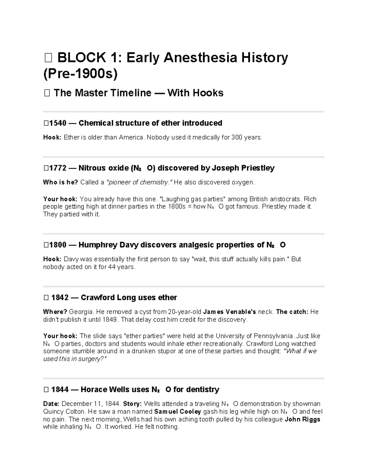 BLOCK 1: Early Anesthesia History Timeline and Key Figures - Studocu