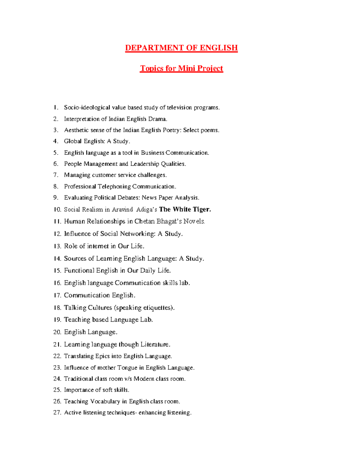Mini Project Topics in English - DEPARTMENT OF ENGLISH - Studocu