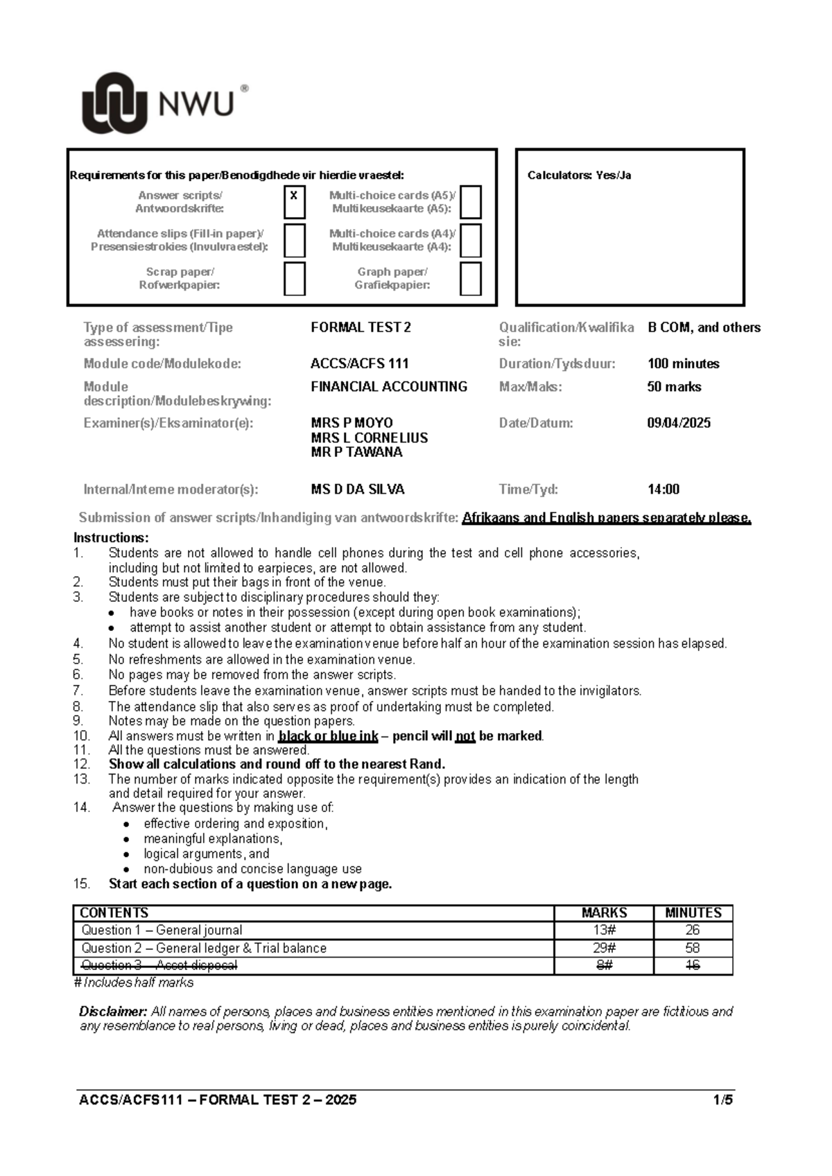 2025 ACCS/ACFS 111 Formal Test 2: Financial Accounting Requirements ...