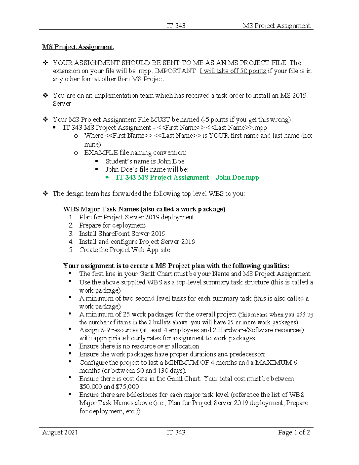 IT 343 MS Project Assignment Guidelines and Requirements - Studocu