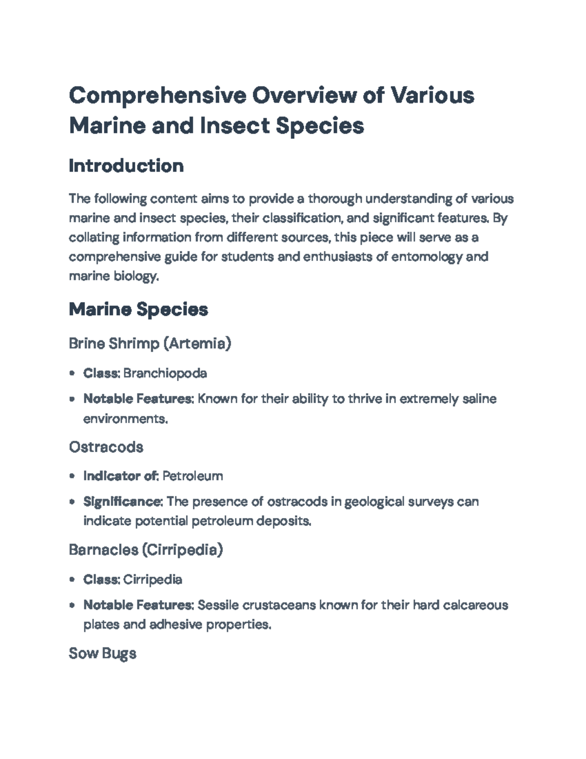 Comprehensive Guide to Marine & Insect Species for Biology 101 ...