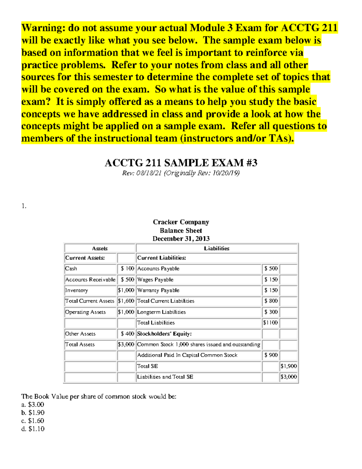 Module 3 Practice Exam - Sample Exam for ACCTG 211 - Studocu