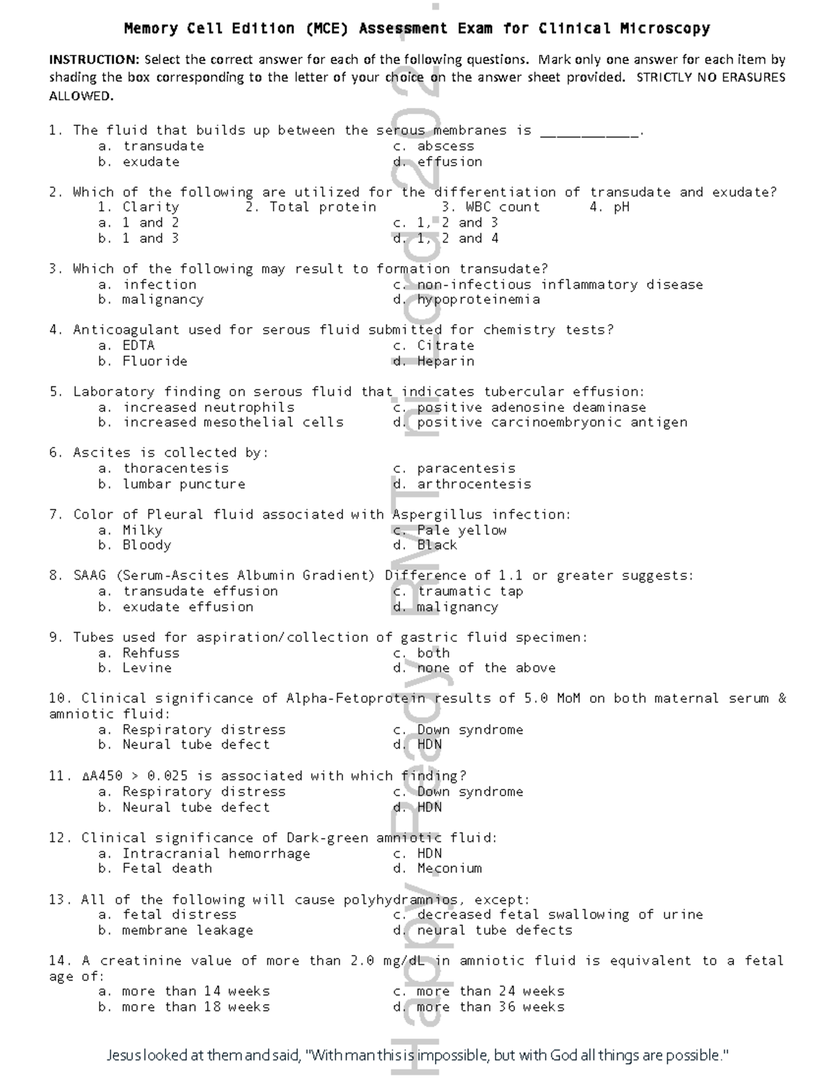 MCE CM - 2021 Clinical Microscopy Assessment Exam Guide - Studocu