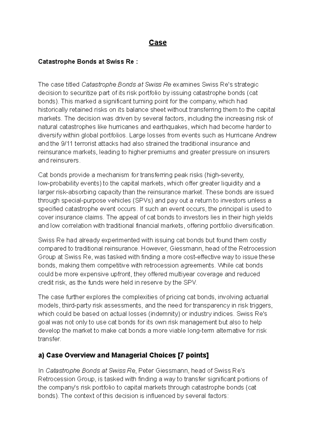 Case Study on Catastrophe Bonds at Swiss Re: Strategic Risk Management ...