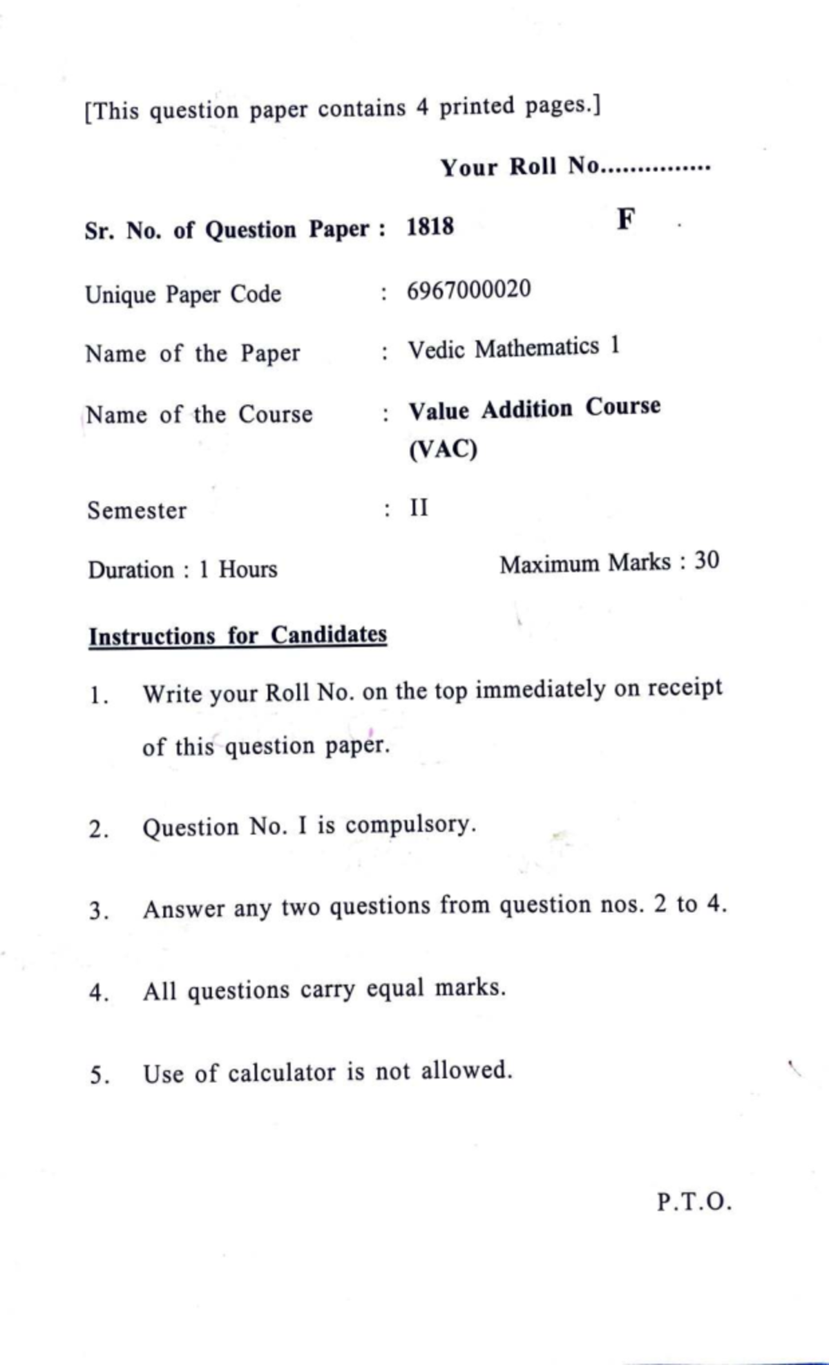 Vedic Mathematics QP 1818 - Value Addition Course (VAC) Sem II - Studocu