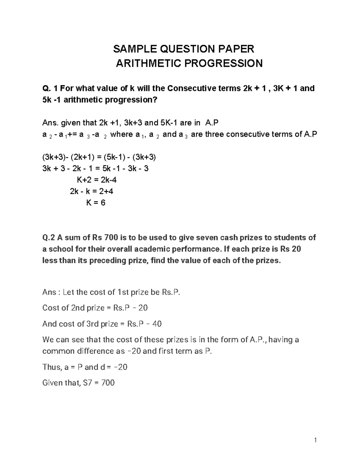 Arithmetic Progression Sample Question Paper - 1 - Studocu