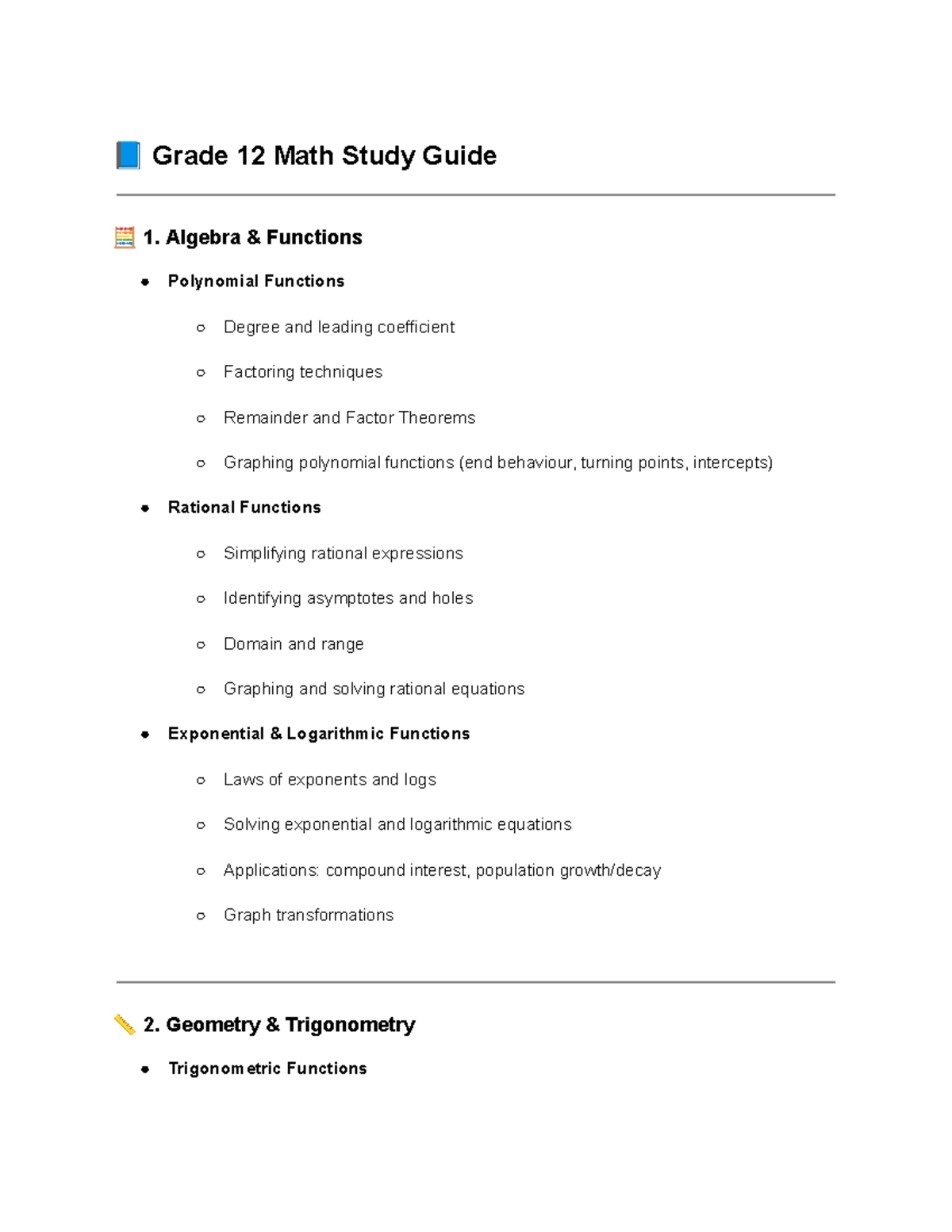 Grade 12 Math Study Guide: Algebra, Geometry, Trig & Data Management ...
