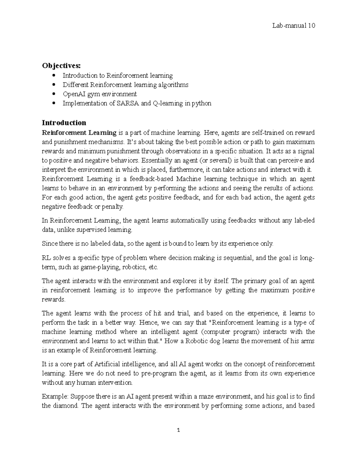 Lab 10 - Notes on Reinforcement Learning Algorithms and SARSA ...