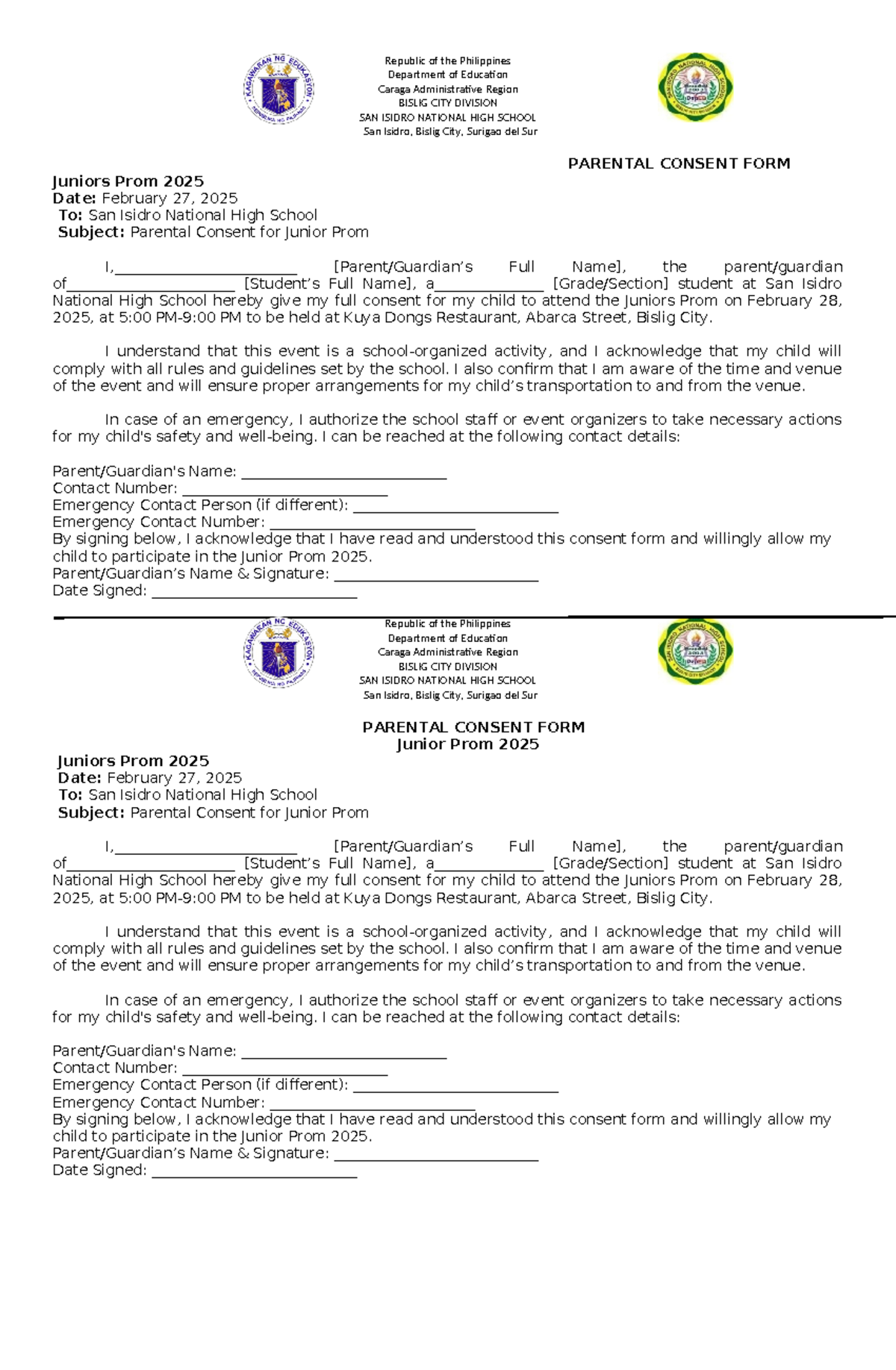 Parents Consent - I understand that this event is a school-organized ...