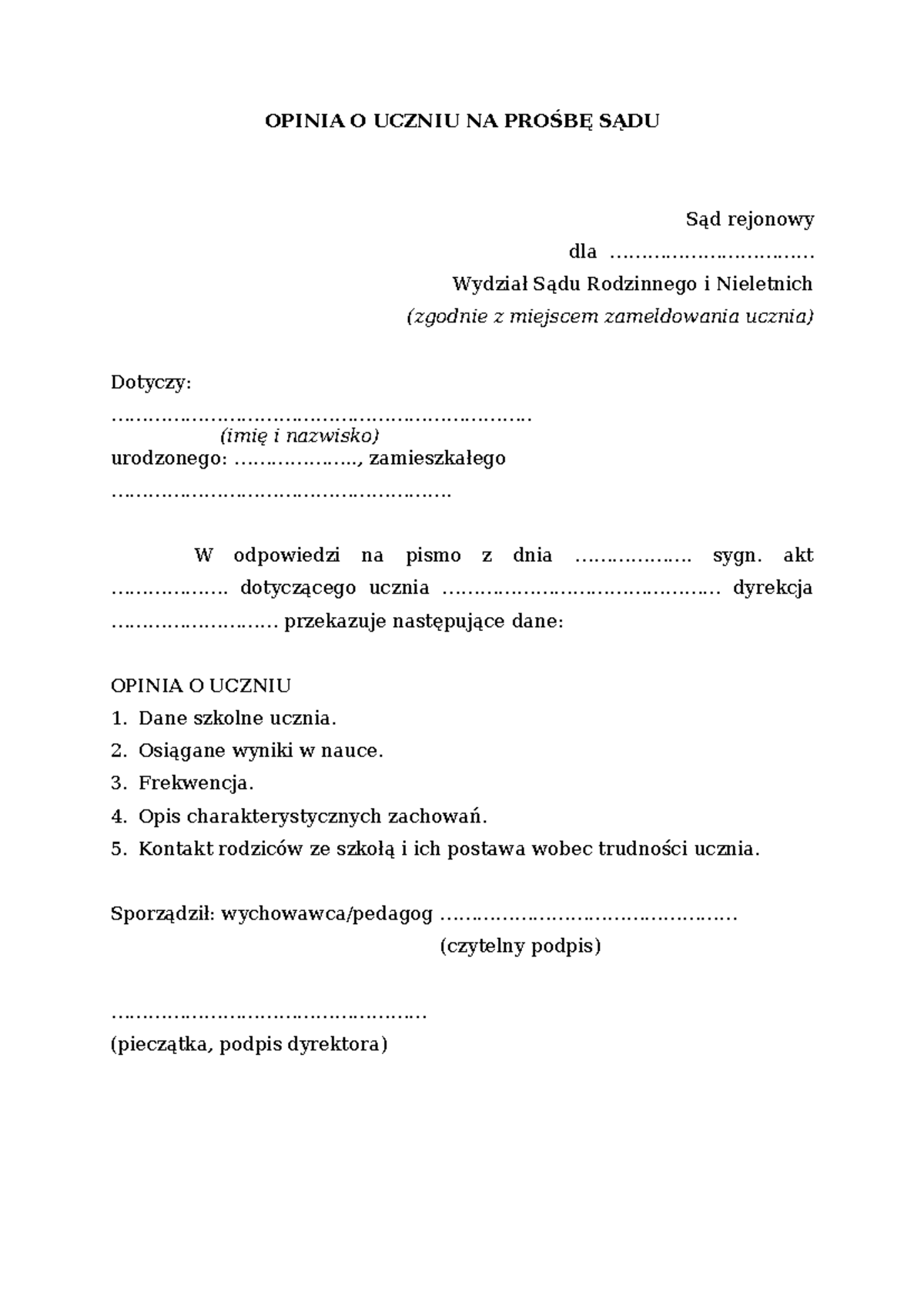 Przykładowa Opinia O Uczniu Do Sądu Rodzinnego Chomikuj