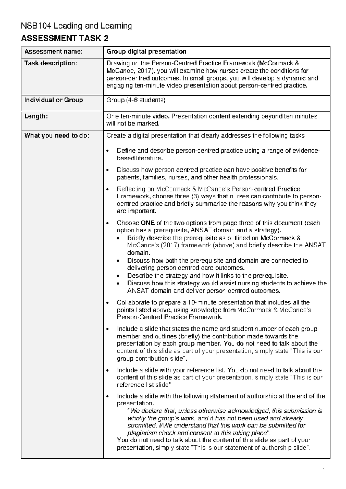 Assignment 2 Task Sheet Final - NSB104 Leading and Learning ASSESSMENT ...