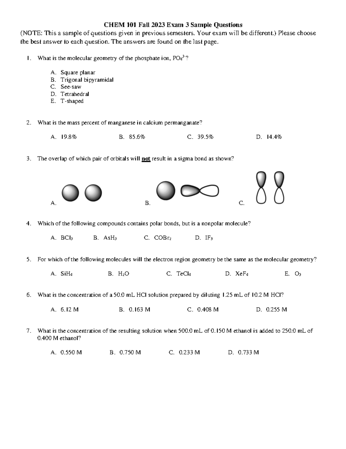 CHEM 101 FA23 Practice Exam 3 - CHEM 101 Fall 2023 Exam 3 Sample ...