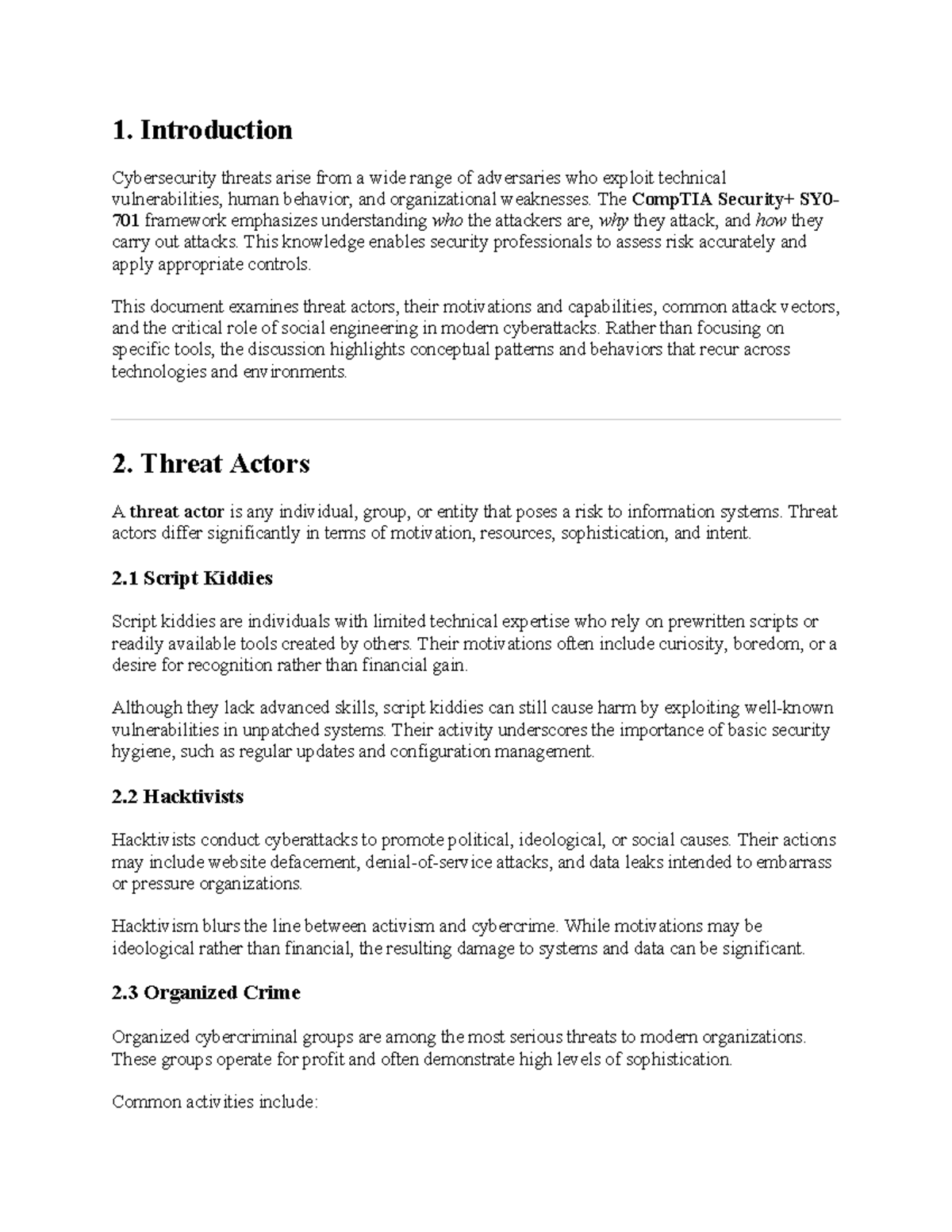 Security+ SY0701: Comprehensive Notes on Cybersecurity Threats - Studocu