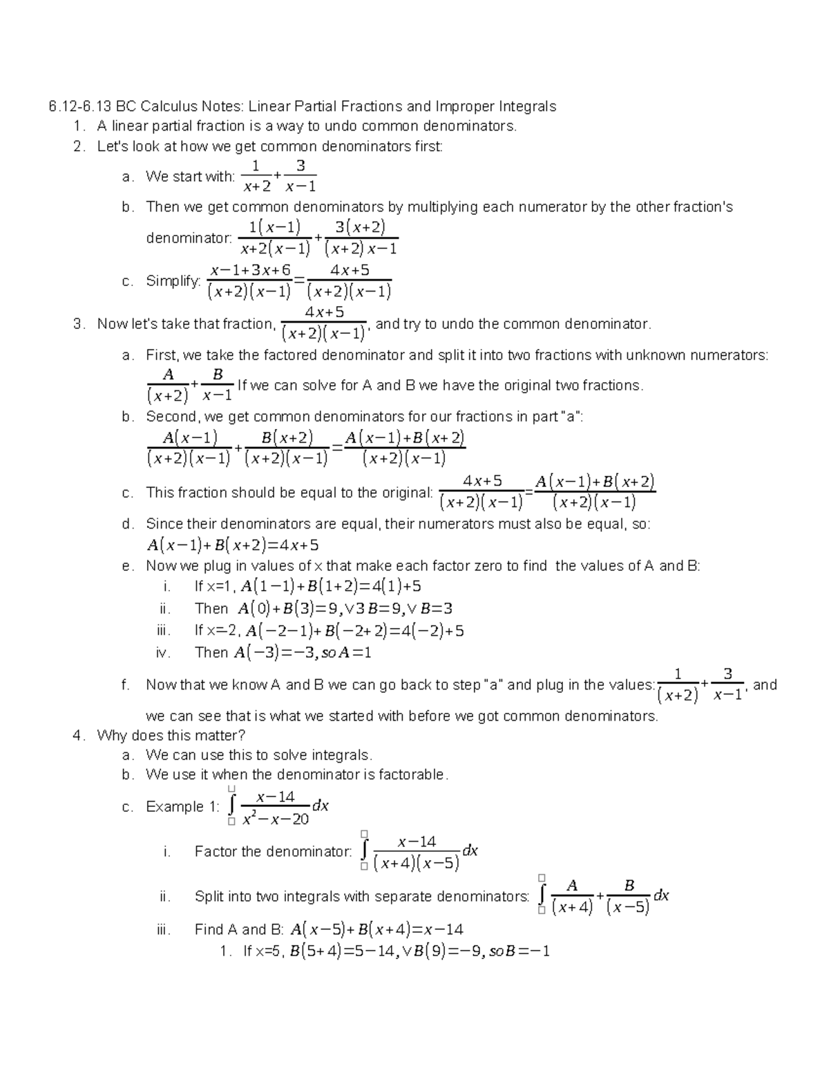 BC Calculus Notes: Linear Partial Fractions & Improper Integrals - Studocu