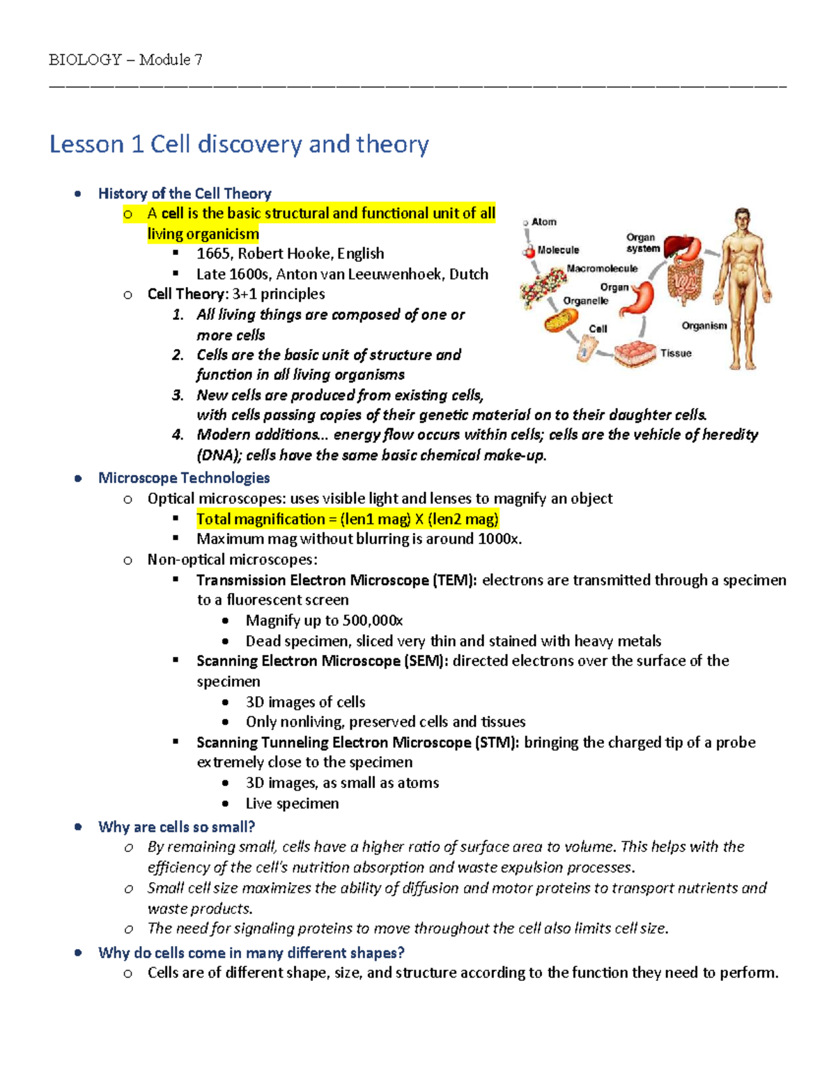 BIOLOGY 697362117 Module 7: Cell Discovery and Structure Overview - Studocu